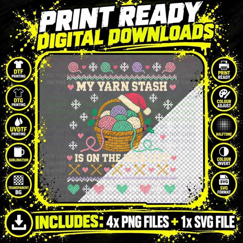 My Yarn Stash Is On The Nice List Knitting Basket Xmas Jumper Halftone T-Shirt Png SVG Digital Bundle