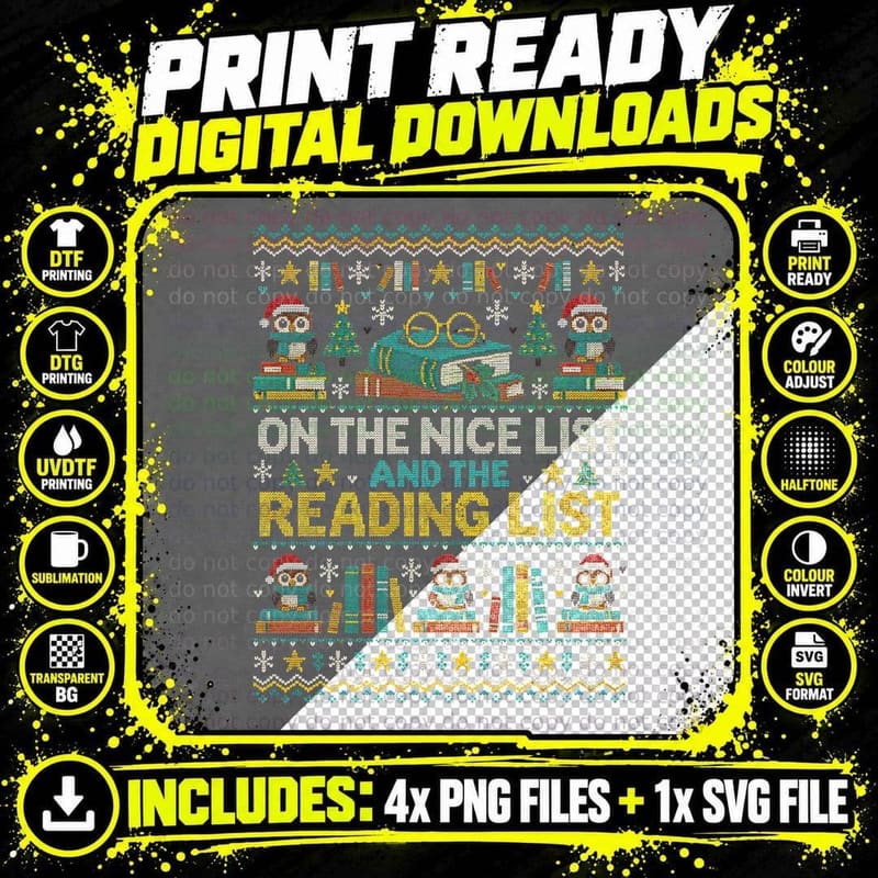 Nice List Reading List Christmas Ugly Sweater Bookworm Png SVG Digital Bundle
