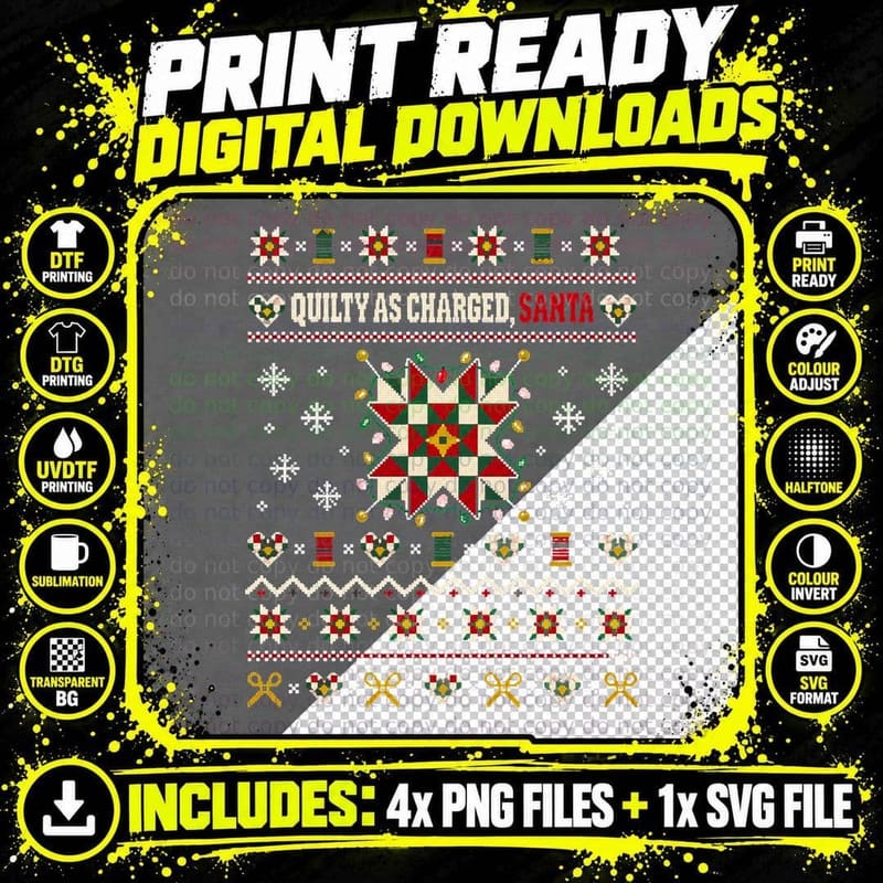 Quilty As Charged Santa Patchwork Quilt Star Christmas Jumper Halftone T-Shirt Png SVG Digital Bundle
