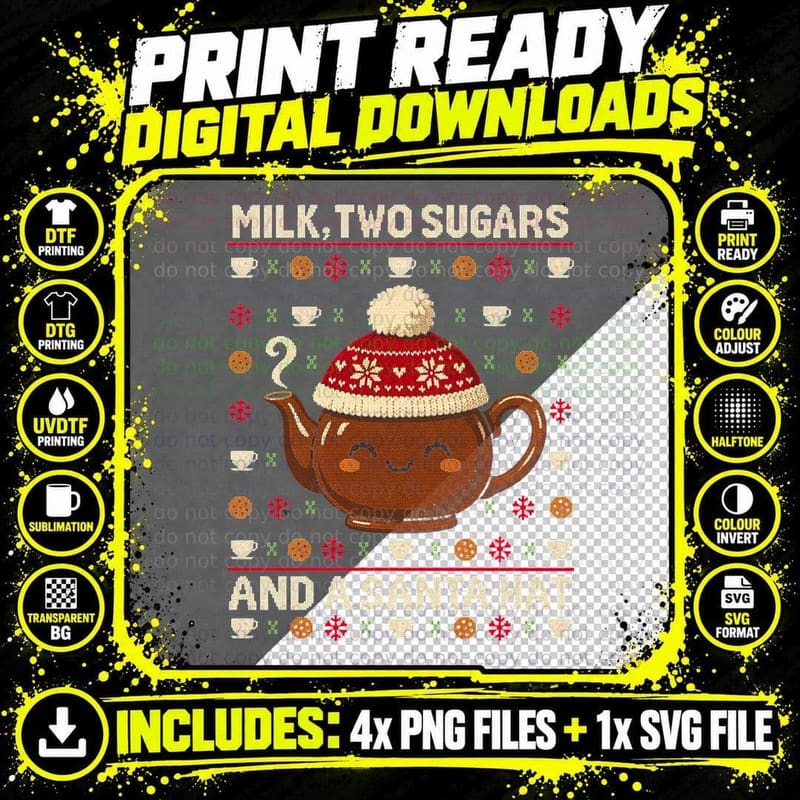 Tea Cosy Christmas Ugly Sweater Milk Two Sugars Santa Png SVG Digital Bundle