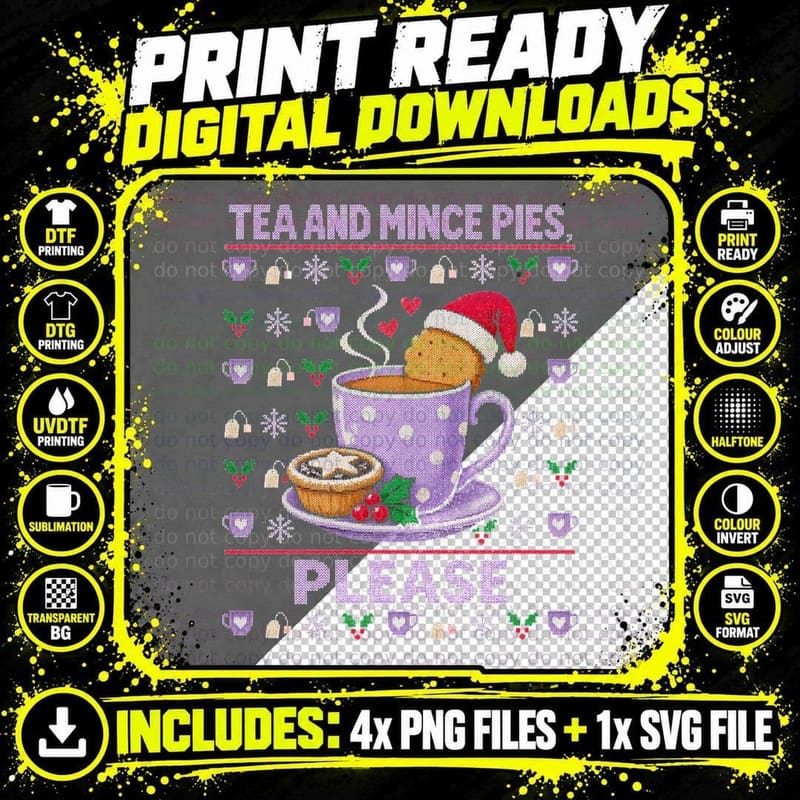Tea and Mince Pies Please Christmas Ugly Sweater British Png SVG Digital Bundle
