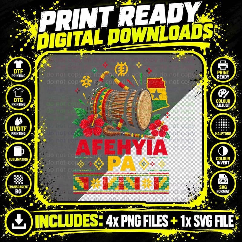 Afehyia Pa Ghana Flag Drum Kente Adinkra Christmas Ugly Sweater Halftone T-Shirt Png SVG Digital Bundle