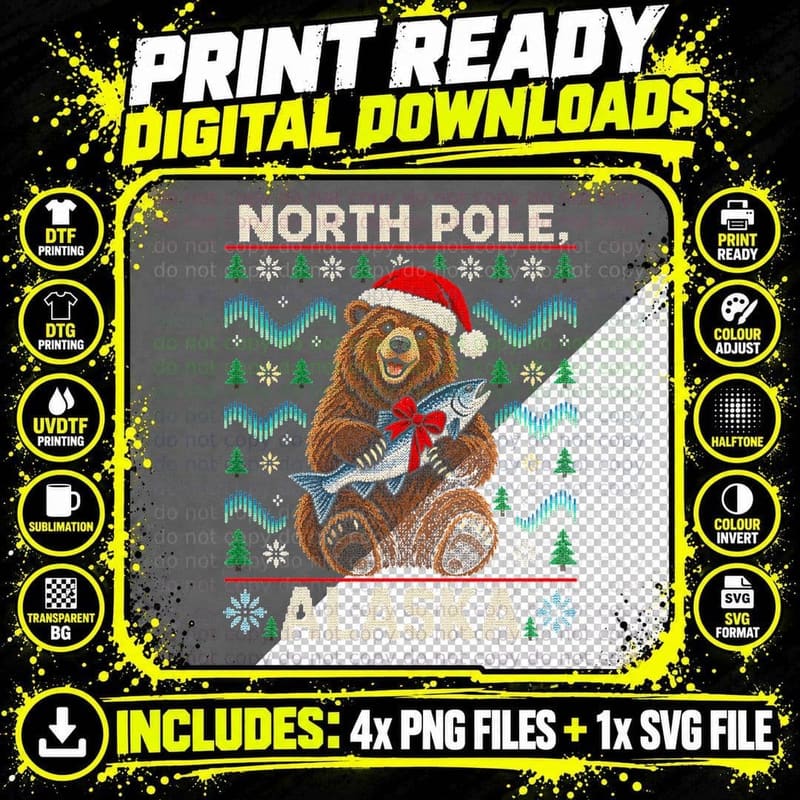 Alaska Brown Bear Christmas Ugly Sweater Northern Lights Png SVG Digital Bundle