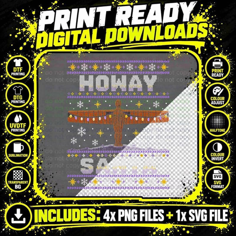 Howay Santa Angel Of The North Fairy Lights Geordie Xmas Jumper Halftone T-Shirt Png SVG Digital Bundle
