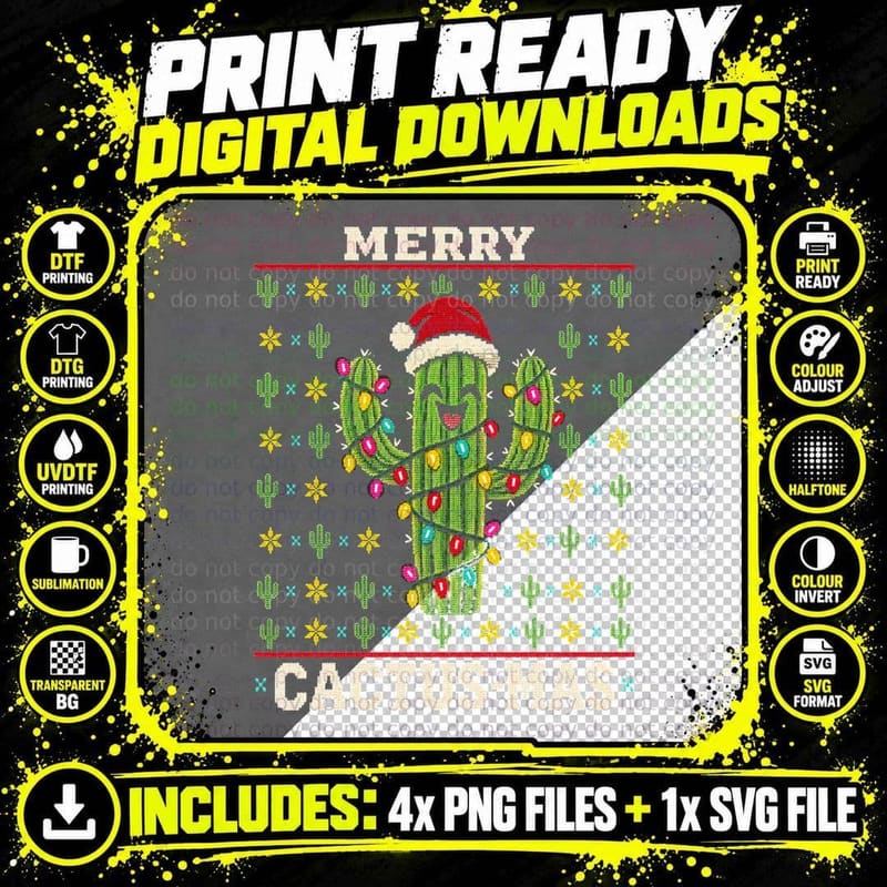 Arizona Saguaro Cactus Christmas Ugly Sweater Southwest Png SVG Digital Bundle