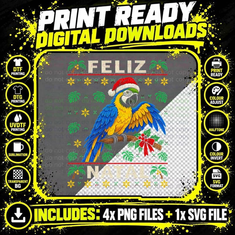 Blue and Gold Macaw Christmas Ugly Sweater Feliz Natal Png SVG Digital Bundle