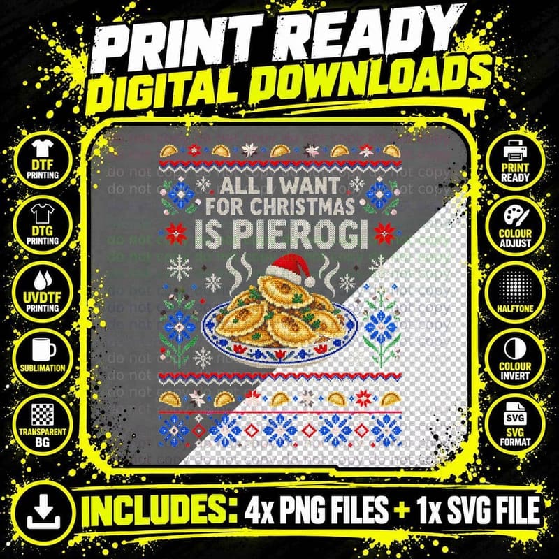 All I Want For Christmas Is Pierogi Polish Folk Ugly Sweater Halftone T-Shirt Png SVG Digital Bundle