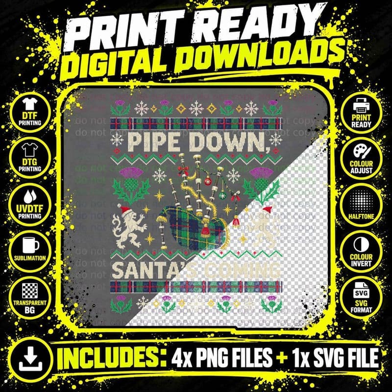 Pipe Down Santa's Coming Scottish Tartan Bagpipes Xmas Jumper Halftone T-Shirt Png SVG Digital Bundle