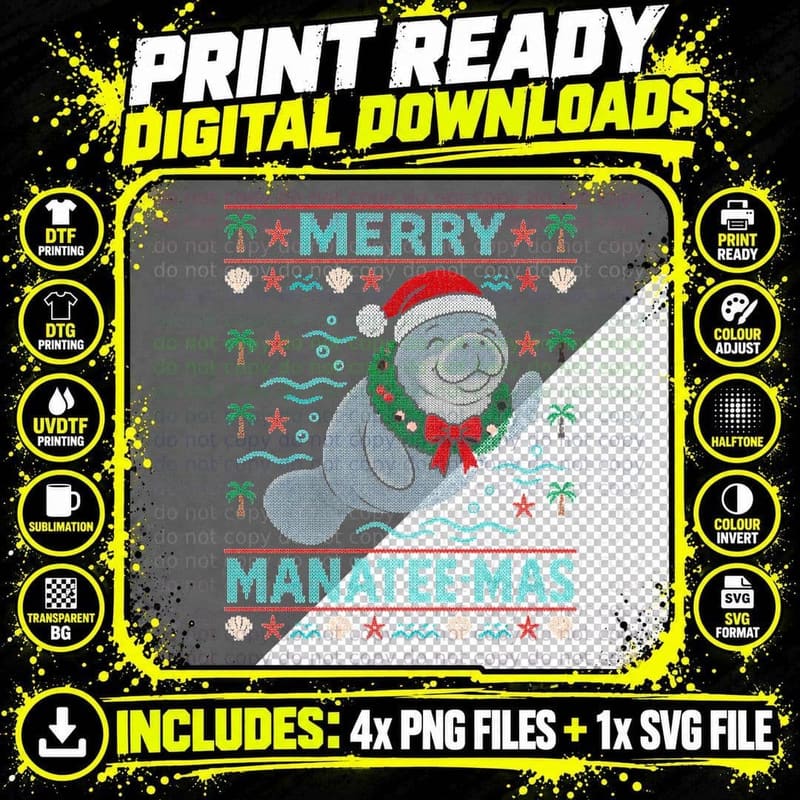 Florida Manatee Christmas Ugly Sweater Merry Manatee Mas Png SVG Digital Bundle