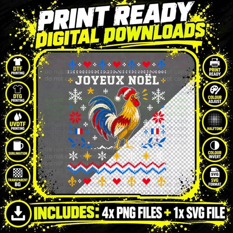 Joyeux Noel Gallic Rooster French Christmas Ugly Sweater Halftone T-Shirt Png SVG Digital Bundle