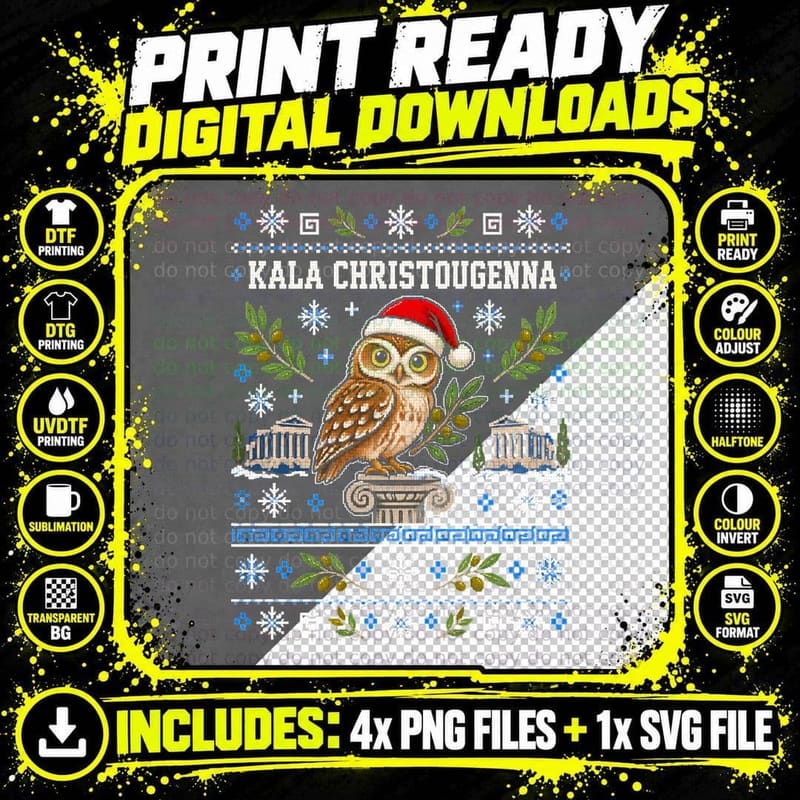 Kala Christougenna Greek Little Owl Athena Parthenon Jumper Halftone T-Shirt Png SVG Digital Bundle