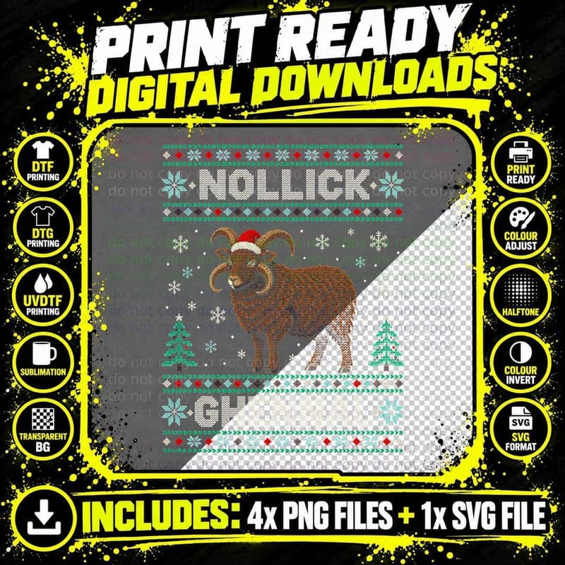 Nollick Ghennal Manx Loaghtan Ram Isle Of Man Christmas Jumper Halftone T-Shirt Png SVG Digital Bundle