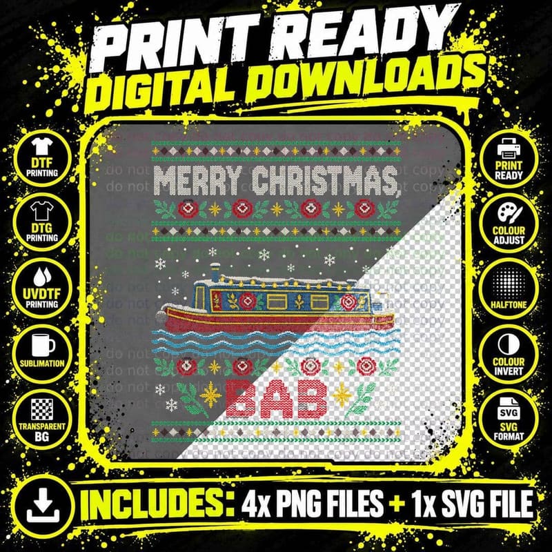 Merry Christmas Bab Narrowboat Canal Brummie Birmingham Jumper Halftone T-Shirt Png SVG Digital Bundle