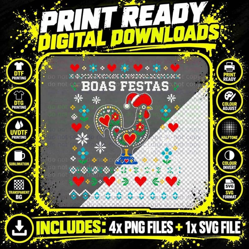 Boas Festas Rooster Of Barcelos Portuguese Christmas Jumper Halftone T-Shirt Png SVG Digital Bundle