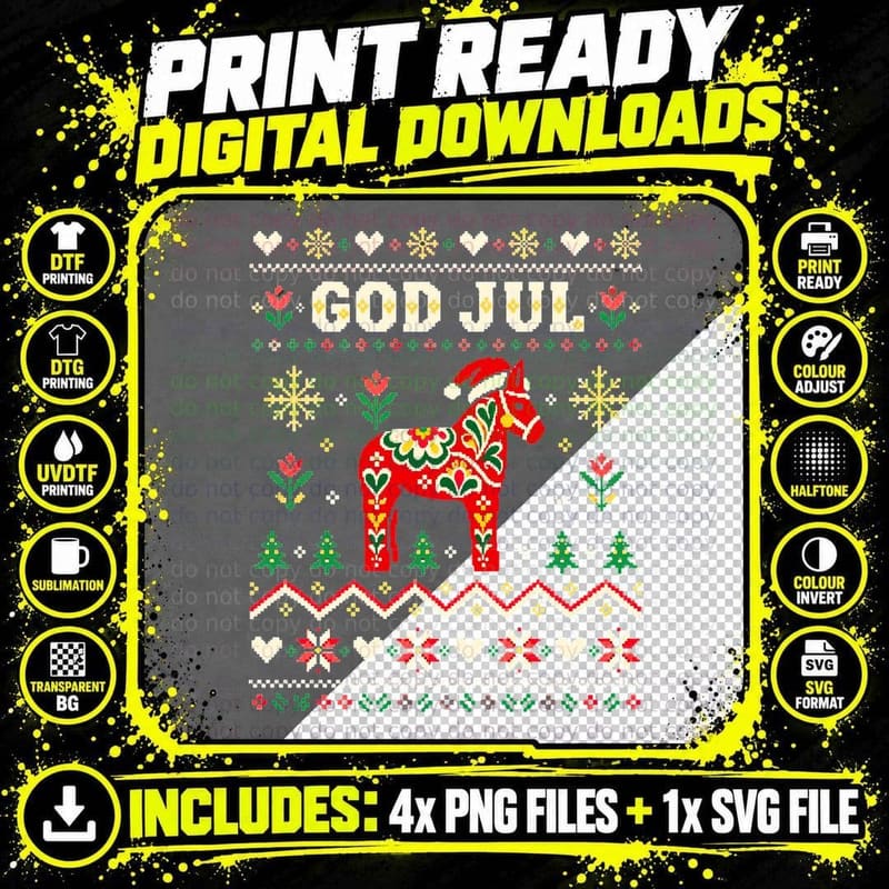 God Jul Swedish Dala Horse Folk Art Christmas Ugly Sweater Halftone T-Shirt Png SVG Digital Bundle
