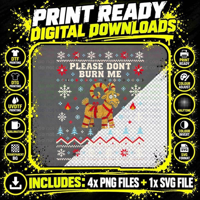 Please Don't Burn Me Straw Yule Goat Swedish Christmas Jumper Halftone T-Shirt Png SVG Digital Bundle