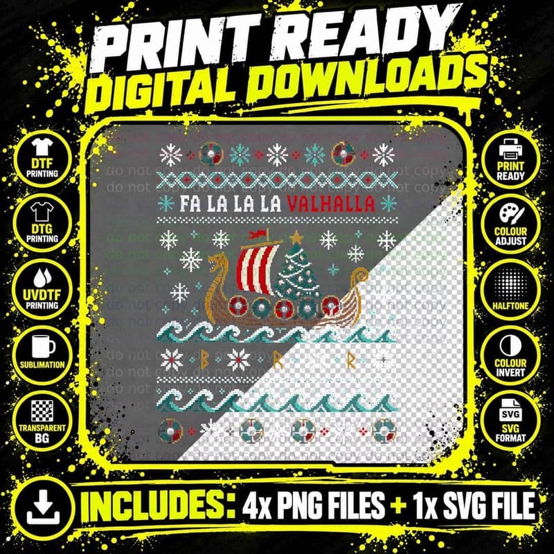 Fa La La La Valhalla Viking Longship Christmas Tree Jumper Halftone T-Shirt Png SVG Digital Bundle