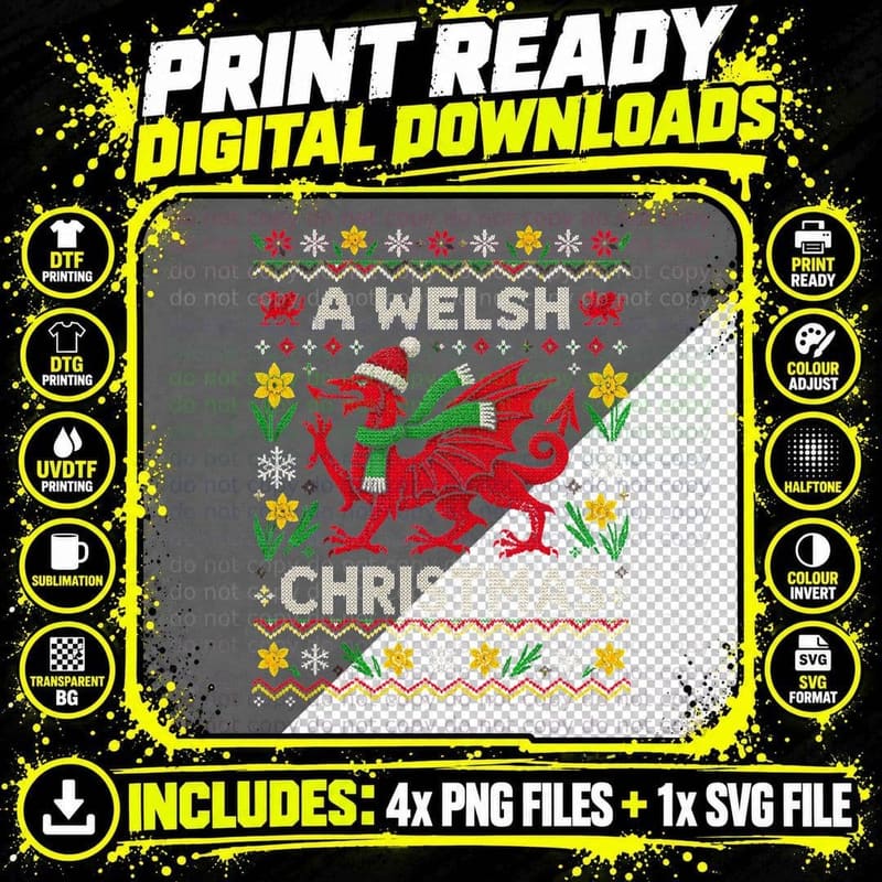 A Welsh Christmas Red Dragon Santa Hat Daffodils Ugly Sweater Halftone T-Shirt Png SVG Digital Bundle