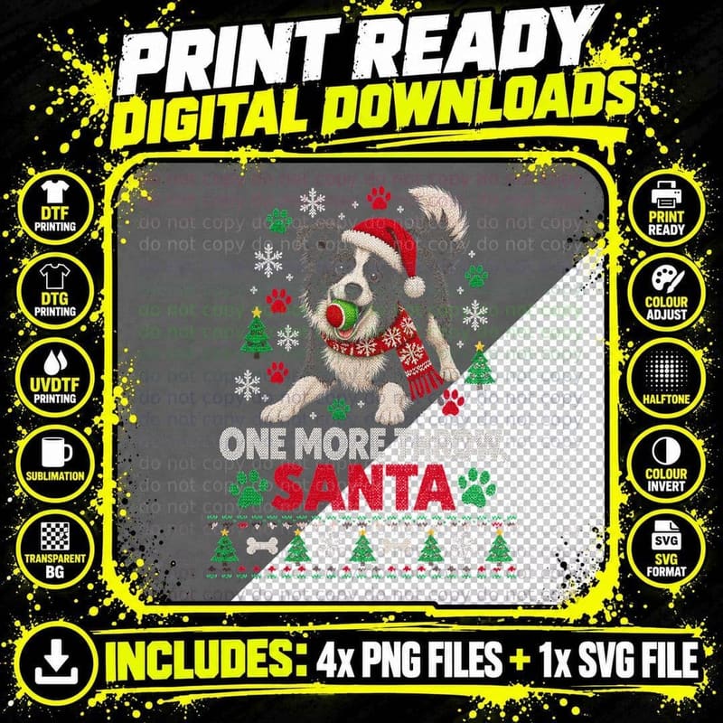 One More Throw Santa Border Collie Tennis Ball Christmas Jumper Halftone T-Shirt Png SVG Digital Bundle