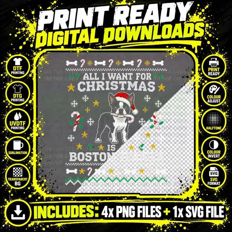 All I Want For Christmas Is A Boston Terrier Candy Cane Jumper Halftone T-Shirt Png SVG Digital Bundle