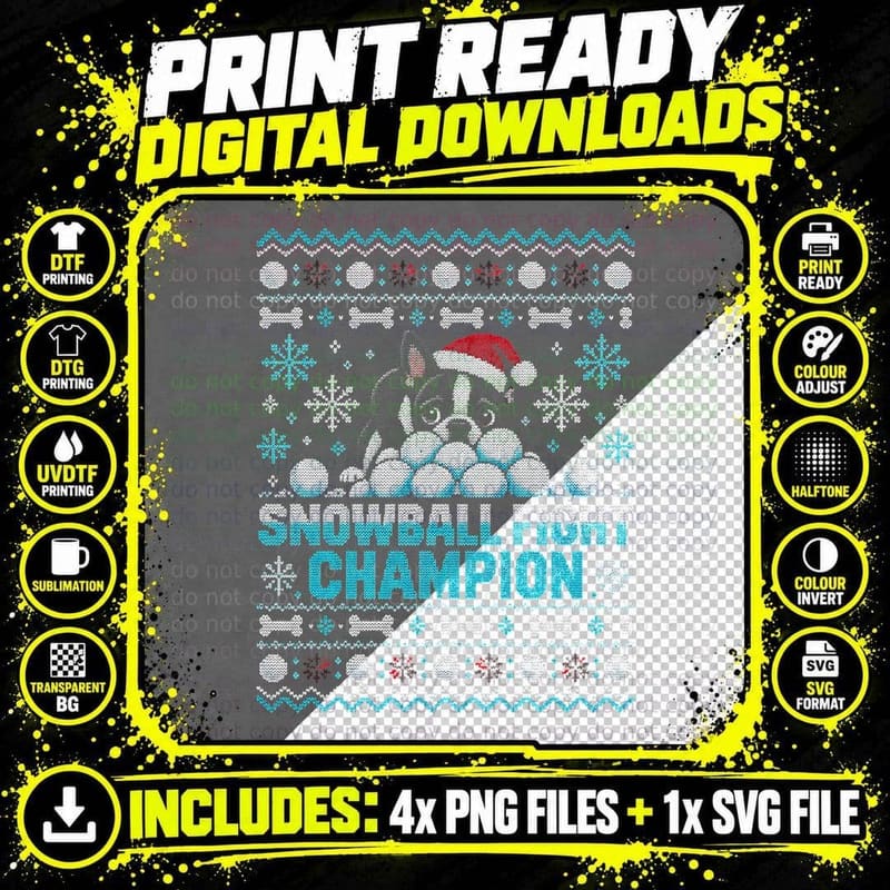 Snowball Fight Champion Boston Terrier Santa Hat Xmas Jumper Halftone T-Shirt Png SVG Digital Bundle