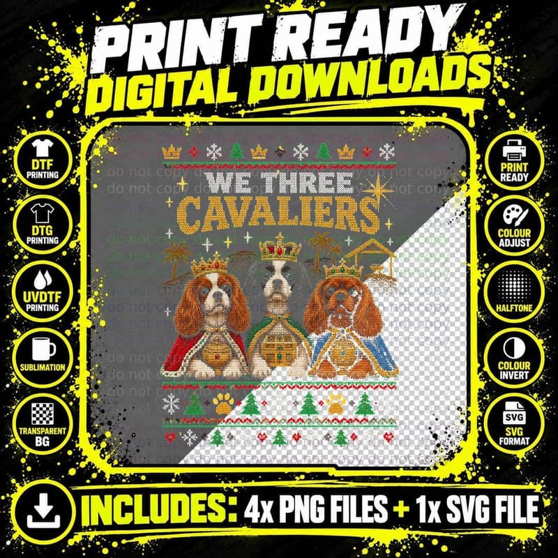 We Three Cavaliers King Charles Spaniels Crowns Nativity Jumper Halftone T-Shirt Png SVG Digital Bundle