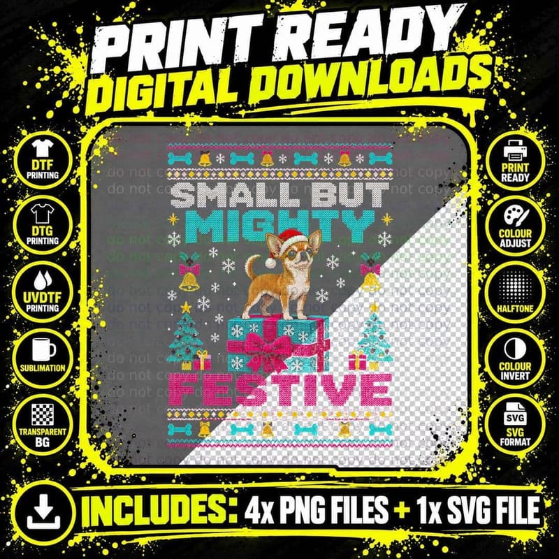 Small But Mighty Festive Chihuahua On Presents Christmas Jumper Halftone T-Shirt Png SVG Digital Bundle