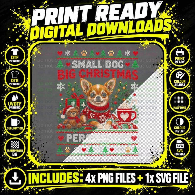 Small Dog Big Christmas Personality Chihuahua Knitted Jumper Halftone T-Shirt Png SVG Digital Bundle