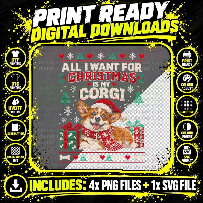 All I Want For Christmas Is My Corgi Santa Hat Presents Jumper Halftone T-Shirt Png SVG Digital Bundle