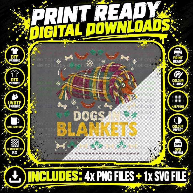 Dogs In Blankets Dachshund Wrapped Tartan Xmas Ugly Sweater Halftone T-Shirt Png SVG Digital Bundle
