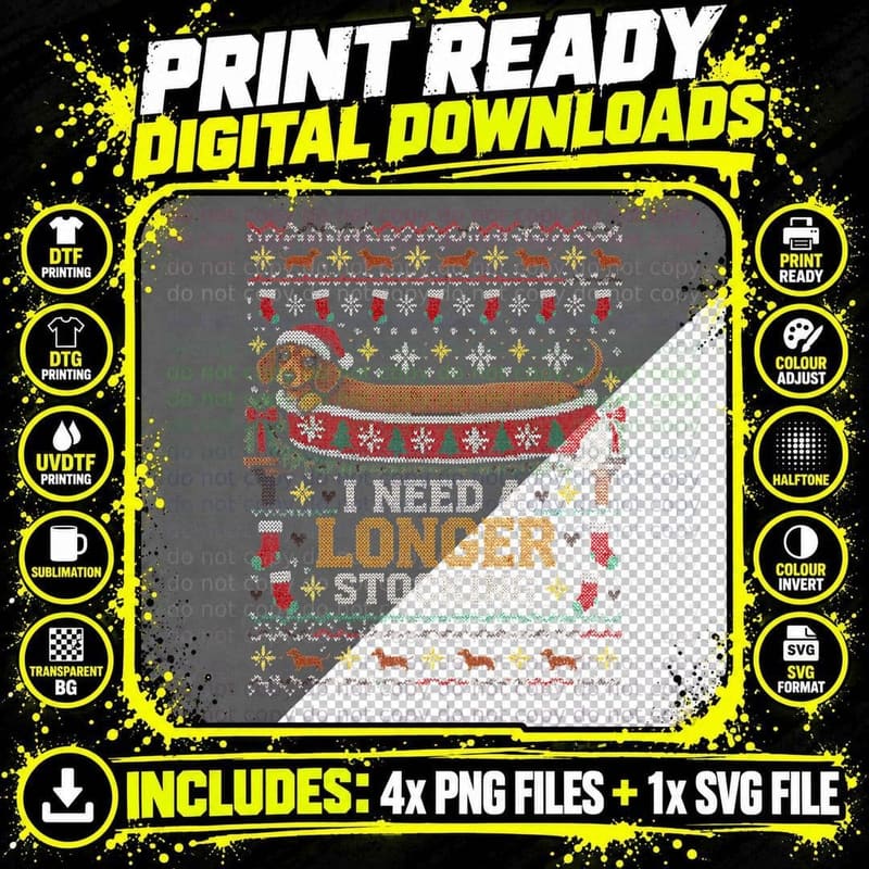 I Need A Longer Stocking Dachshund Santa Hat Christmas Jumper Halftone T-Shirt Png SVG Digital Bundle