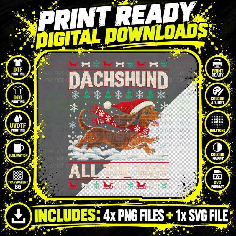 Dachshund All The Way Running Sausage Dog Snow Christmas Jumper Halftone T-Shirt Png SVG Digital Bundle