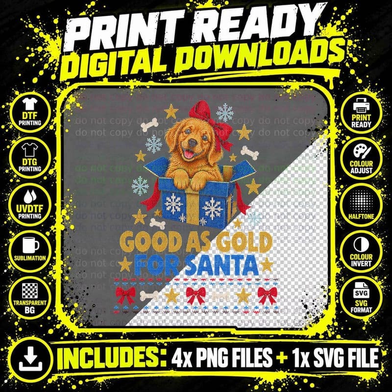 Golden Retriever Good As Gold For Santa Christmas Ugly Sweater Halftone T-Shirt Png SVG Digital Bundle