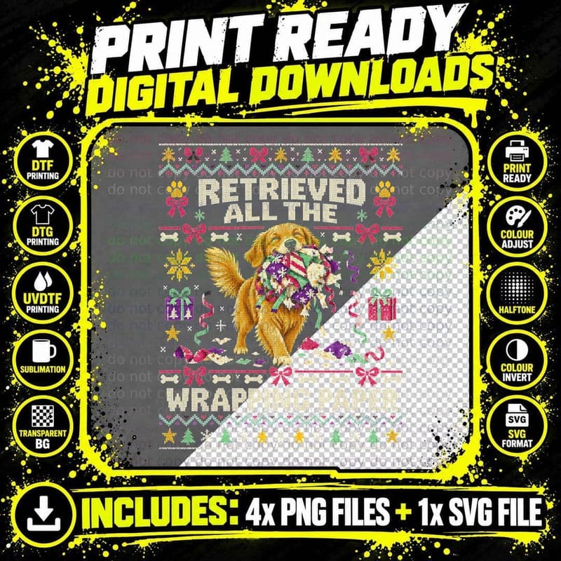 Golden Retriever Retrieved All The Wrapping Paper Xmas Jumper Halftone T-Shirt Png SVG Digital Bundle