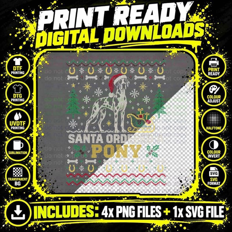 Harlequin Great Dane Santa Ordered A Pony Xmas Ugly Sweater Halftone T-Shirt Png SVG Digital Bundle