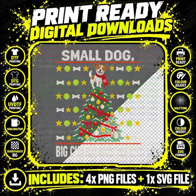 Jack Russell Small Dog Big Christmas Energy Ugly Sweater Halftone T-Shirt Png SVG Digital Bundle