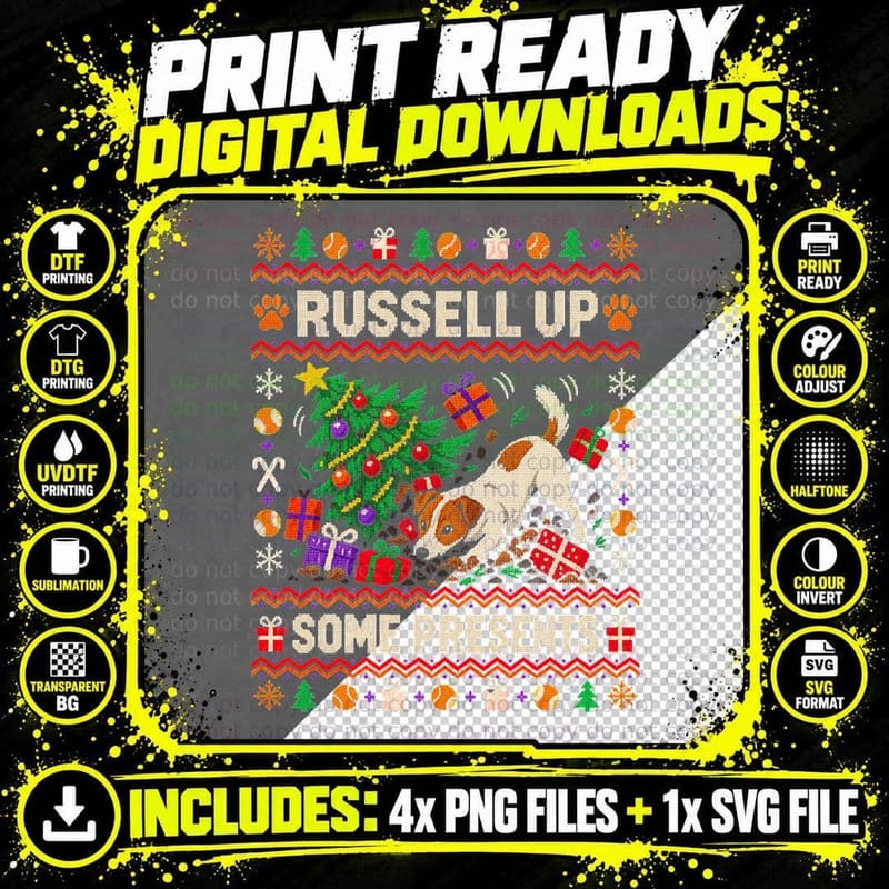 Russell Up Some Presents Jack Terrier Christmas Ugly Sweater Halftone T-Shirt Png SVG Digital Bundle