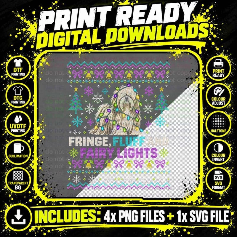 Lhasa Apso Fringe Fluff And Fairy Lights Xmas Ugly Sweater Halftone T-Shirt Png SVG Digital Bundle