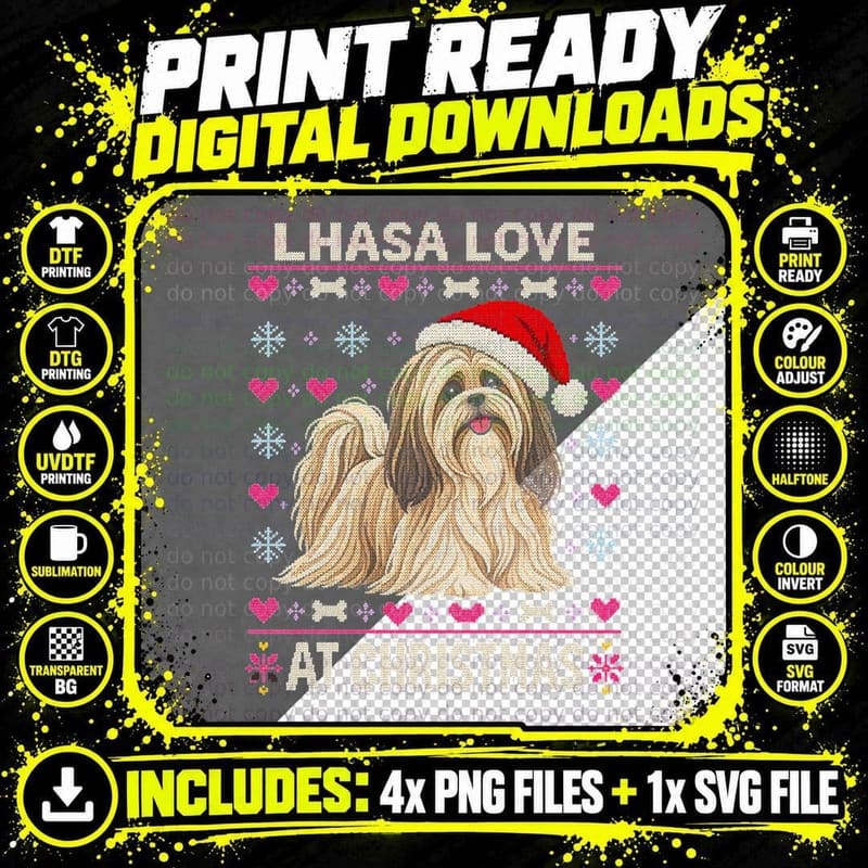 Lhasa Apso Love At Christmas Ugly Sweater Santa Hat Hearts Halftone T-Shirt Png SVG Digital Bundle