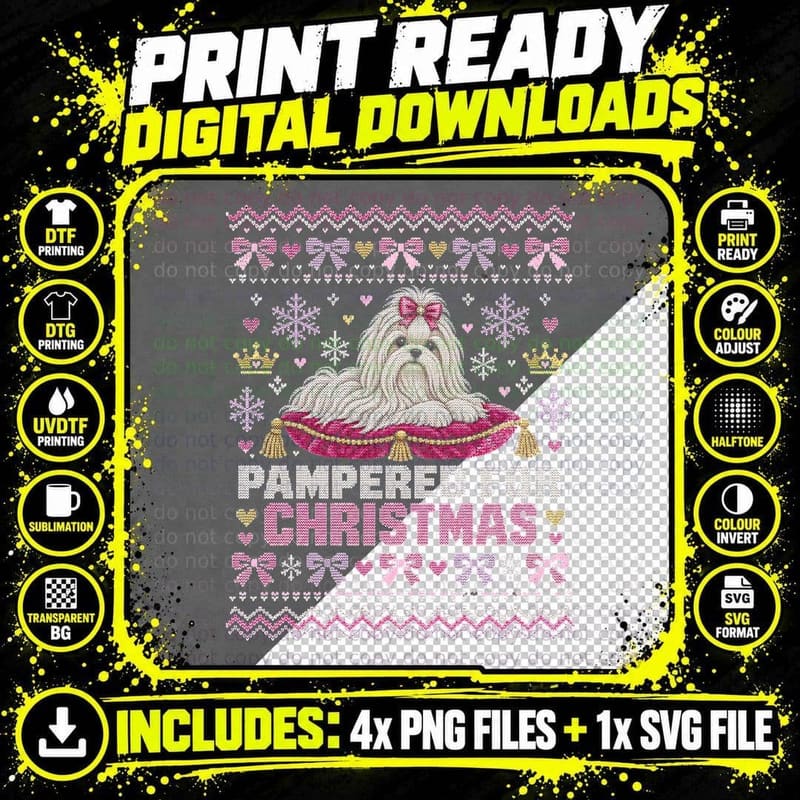 Maltese Pampered For Christmas Ugly Sweater Pink Bow Princess Halftone T-Shirt Png SVG Digital Bundle