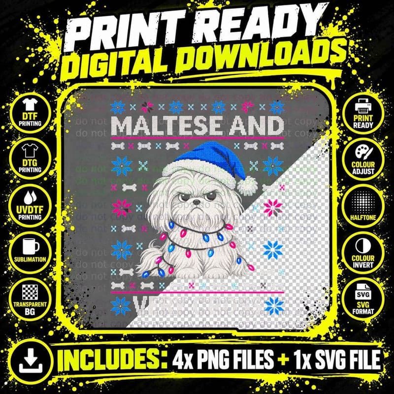 Maltese And Very Cross Grumpy Dog Tangled Lights Xmas Jumper Halftone T-Shirt Png SVG Digital Bundle