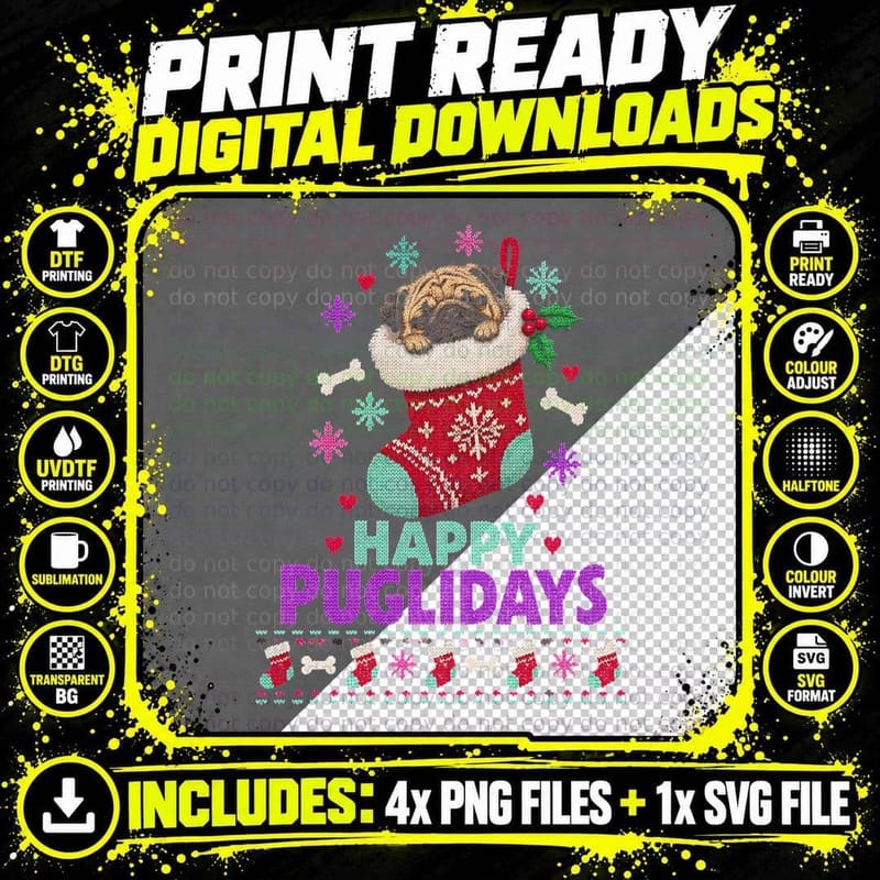 Pug Happy Puglidays Christmas Stocking Ugly Sweater Dog Pun Halftone T-Shirt Png SVG Digital Bundle