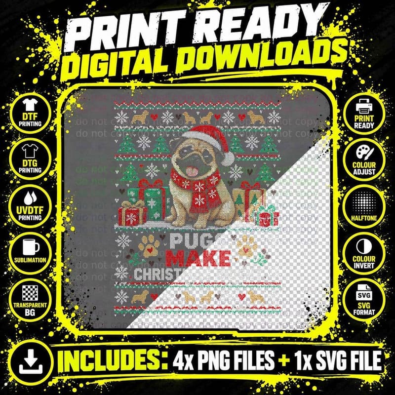 Pugs Make Christmas Bright Santa Hat Scarf Gifts Ugly Sweater Halftone T-Shirt Png SVG Digital Bundle