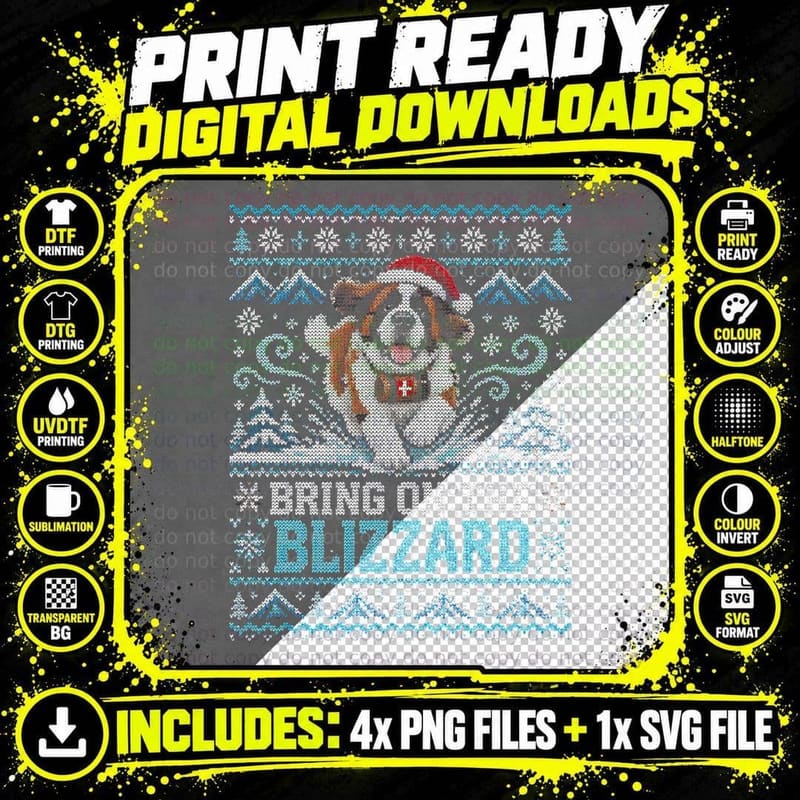 Saint Bernard Bring On The Blizzard Christmas Ugly Sweater Halftone T-Shirt Png SVG Digital Bundle