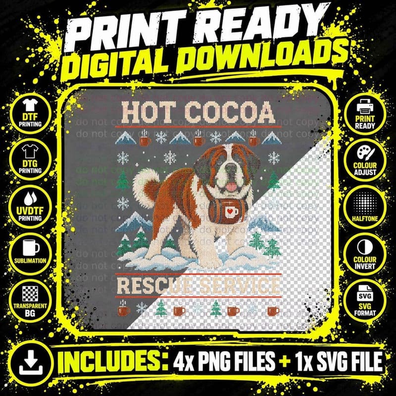 Saint Bernard Hot Cocoa Rescue Service Christmas Ugly Sweater Halftone T-Shirt Png SVG Digital Bundle
