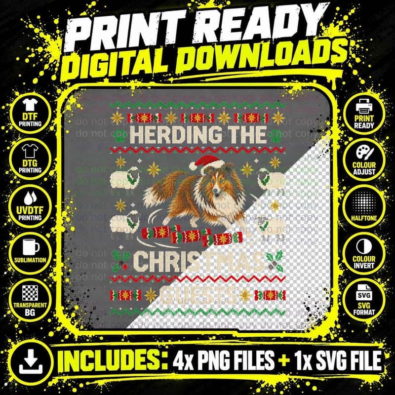 Shetland Sheepdog Herding The Christmas Guests Ugly Sweater Halftone T-Shirt Png SVG Digital Bundle