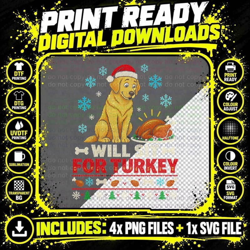 Yellow Labrador Will Sit For Turkey Christmas Ugly Sweater Halftone T-Shirt Png SVG Digital Bundle
