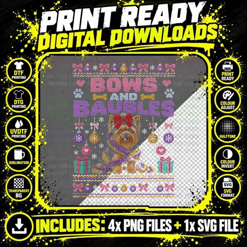 Yorkshire Terrier Bows And Baubles Christmas Ugly Sweater Halftone T-Shirt Png SVG Digital Bundle