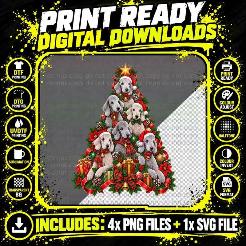 Bedlington Terrier Christmas Cute Curly Dog Mom Holiday Png SVG Digital Bundle