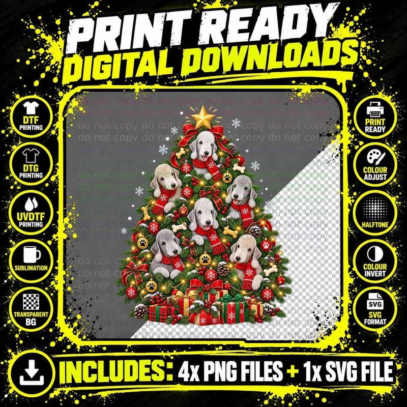 Bedlington Terrier Christmas Tree Red Scarves Bone Ornaments Dog Lover T-Shirt Png SVG Digital Bundle